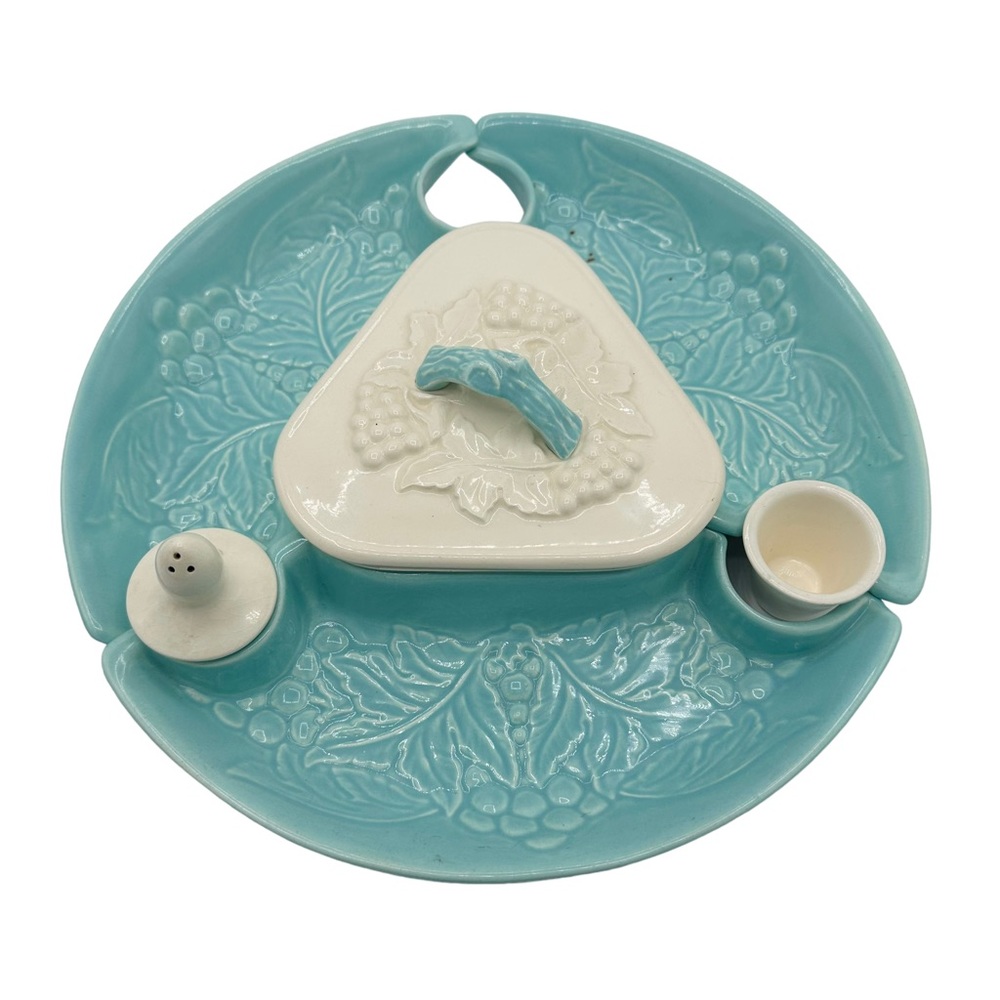 Mid-Century Modern Grapes Turquoise & White Lazy Susan Serving Set